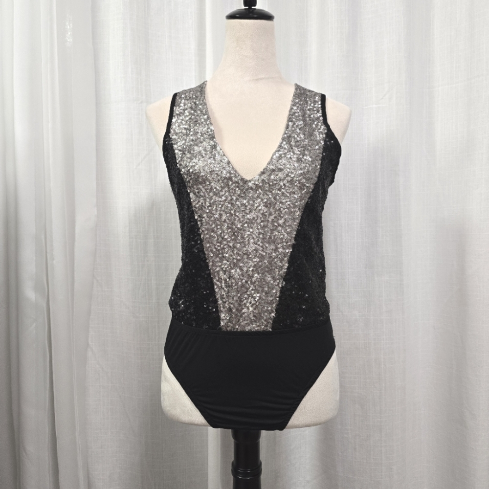 Black and Silver Sequin V-Neck Bodysuit Womens Size L Regencycore Glam‎